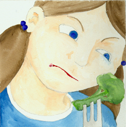 watercolor image of girl rightfully suspicious of broccoli