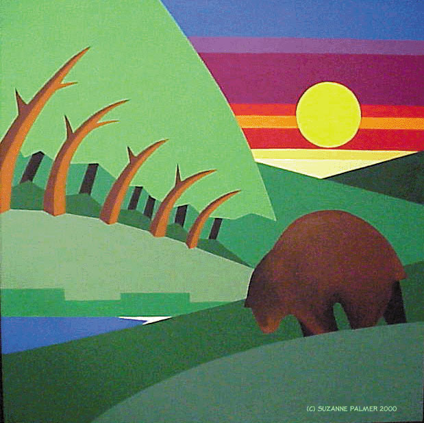 acrylic painting of a bear at sunset