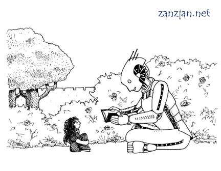 sketch of robot reading a book to a small girl